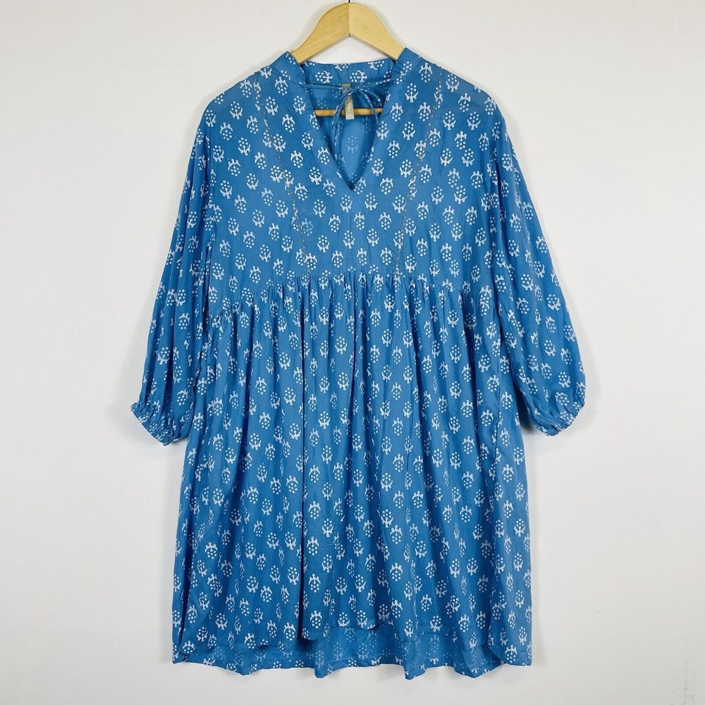 Mata Traders Blue Printed Long Sleeve Peasant Dress